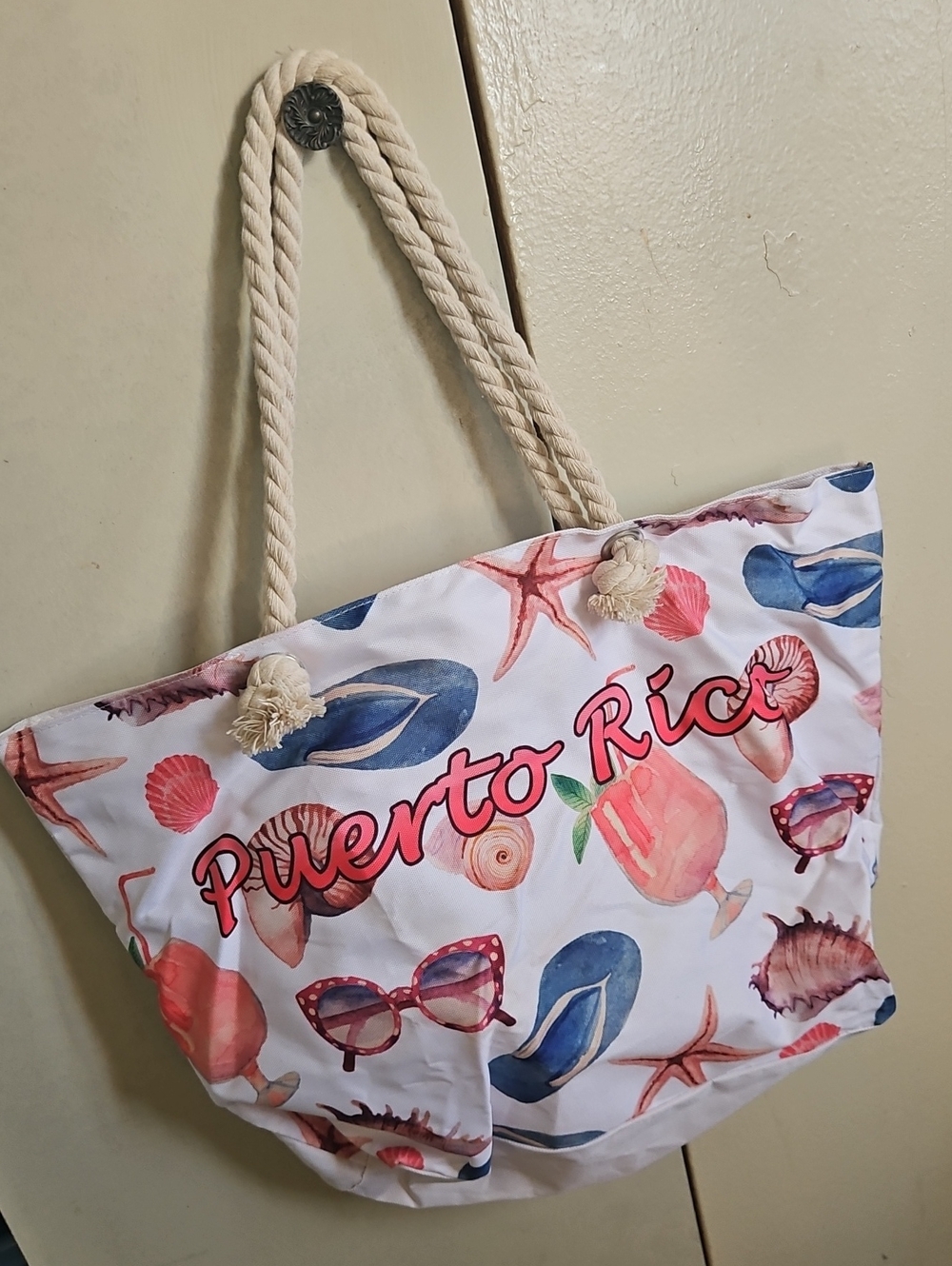 Puerto Rico Beach Tote Bag in White and Coral